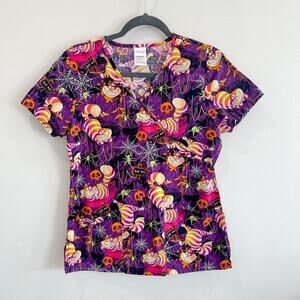 NWOT Disney Cheshire Cat Halloween Scrub Top Women’s XS Purple Alice